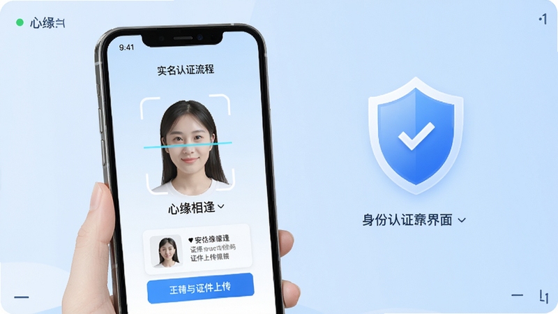 心缘相逢身份认证界面示意图,手机界面显示实名认证流程,包含人脸扫描与证件上传步骤,背景为简约的浅蓝色渐变,配有盾牌安全图标,强调安全可靠