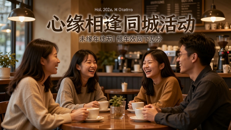 心缘相逢同城活动宣传图,展示线下聚会场景,多人围坐交流,背景为温馨的咖啡馆,暖色调灯光,画面充满欢笑,体现真实社交氛围