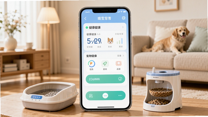 糯雪宠物app主界面预览图,画面中央是一部智能手机,屏幕显示宠物健康数据面板与设备控制按钮,手机下方摆放着智能猫砂盆与喂食器,背景为温馨明亮的客厅,整体色调柔和,突出智能家居与宠物共处的和谐场景,画面清晰,细节丰富。