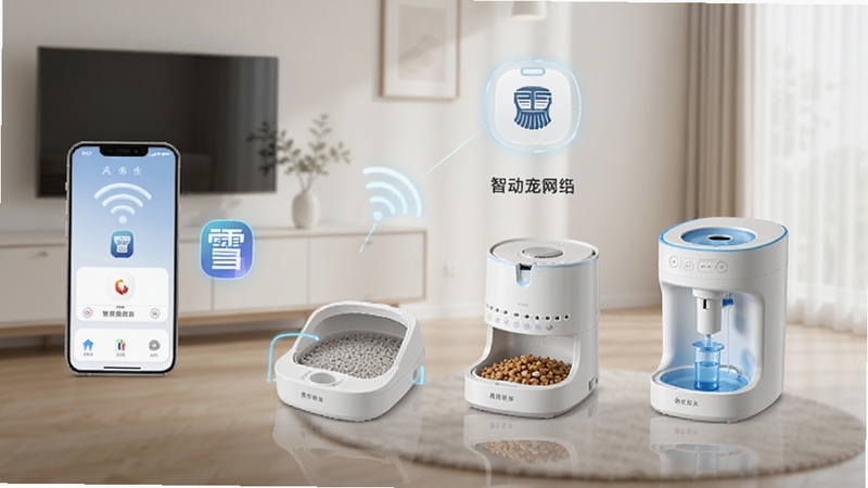 糯雪宠物智能设备联动示意图,画面展示一部手机同时连接智能猫砂盆、自动喂食器和智能饮水机,设备图标通过无线信号与手机相连,背景为现代简约家居环境,光线明亮,突出物联网智能控制主题,画面具有科技感。