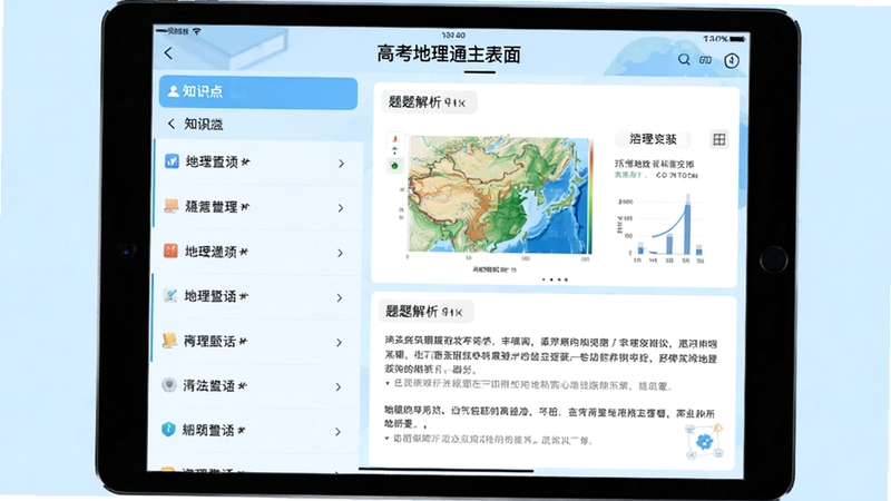 高考地理通主界面预览图,展示软件在平板电脑上的运行效果,左侧为知识点列表,右侧为地理图表与题目解析,背景为淡蓝色学习风格,整体画面清晰明亮,突出软件的专业性与实用性