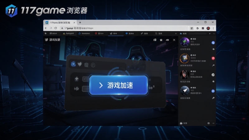 117game游戏浏览器主界面预览图,展示游戏加速面板与多标签页设计,背景为深色科技感电竞风格,软件Logo醒目置于左上角,画面主体为浏览器窗口与游戏加速按钮,整体色调蓝黑渐变,光影细腻,突出专业与高效,适配Boogu模型生成