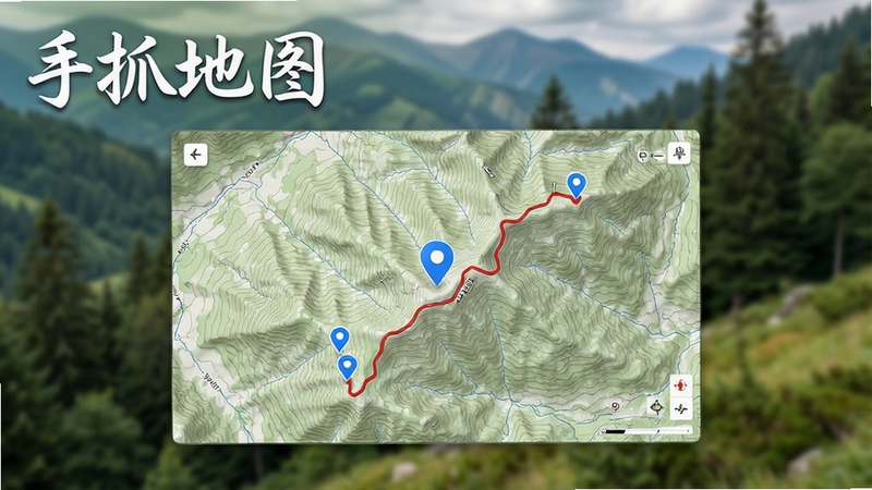 手抓地图主界面展示,画面中央显示一张详细的高线地形图,图上有蓝色定位点和红色规划路线,背景为模糊的户外山林实景,整体色调清新自然,软件名称“手抓地图”以白色艺术字显示在左上角,风格写实且信息清晰,适合作为软件预览主图