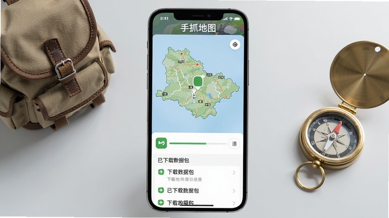 手抓地图离线地图下载功能预览,手机屏幕中显示一个省份的区域选择界面,下方有下载进度条和已下载数据包列表,背景为简洁的浅灰色桌面,手机旁边放置一个小型背包和指南针,突出户外出行场景,画面干净明亮,软件名称“手抓地图”以水印形式出现在屏幕顶部
