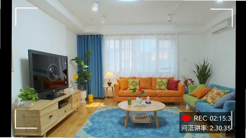 摄像头录像王高清录制功能示意图,画面中显示摄像头拍摄的清晰视频画面,右下角有录制时间与分辨率参数,背景为明亮的室内场景,色彩饱满