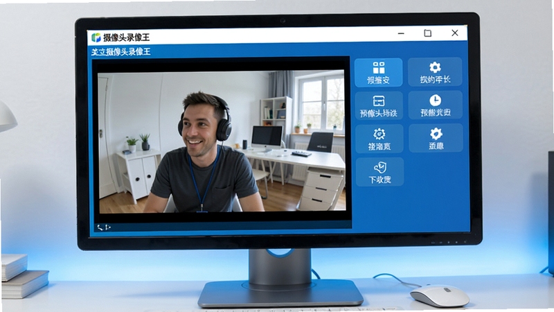 摄像头录像王主界面预览图,展示软件在电脑屏幕上运行,左侧为摄像头实时画面预览,右侧为功能按钮区域,背景为简洁的桌面环境,整体色调偏蓝,画面清晰明亮