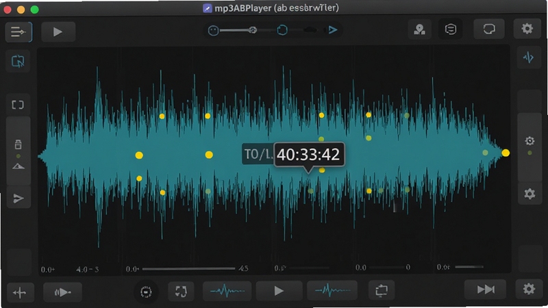 Mp3ABPlayer (ab复读软件) 主界面展示,中央大范围显示蓝绿色音频波形图,波形上有黄色标记点,鼠标悬停显示时间码,界面背景为深灰色,四周有功能按钮,整体风格简洁专业,突出波形定位功能。