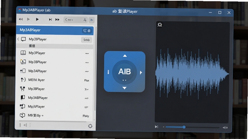 一幅现代简约风格的软件界面预览图,画面主体是Mp3ABPlayer (ab复读软件) 在深色背景下运行的窗口,左侧为播放列表,右侧为波形显示区,中间有醒目的AB复读控制按钮,界面采用蓝灰配色,细节清晰,科技感强,背景为模糊的图书馆书架。