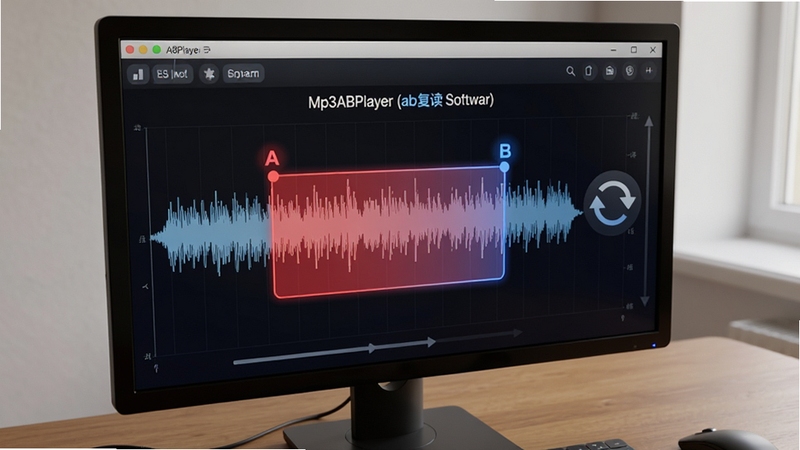 Mp3ABPlayer (ab复读软件) 波形图上标记着红色A点和蓝色B点,两点之间区域高亮显示,旁边有循环播放的箭头图标,背景是简洁的木质桌面,电脑屏幕中清晰展示AB复读的界面细节,画风写实,光线柔和。