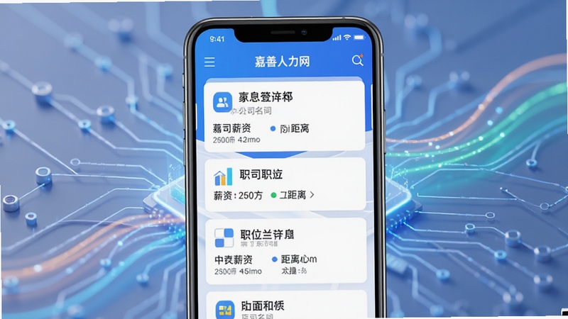 嘉善人力网APP智能推荐功能示意图,手机屏幕内显示多个匹配职位卡片,包含公司名称、薪资、距离等信息,背景为简洁的科技感光效,画面主体突出,色彩明快