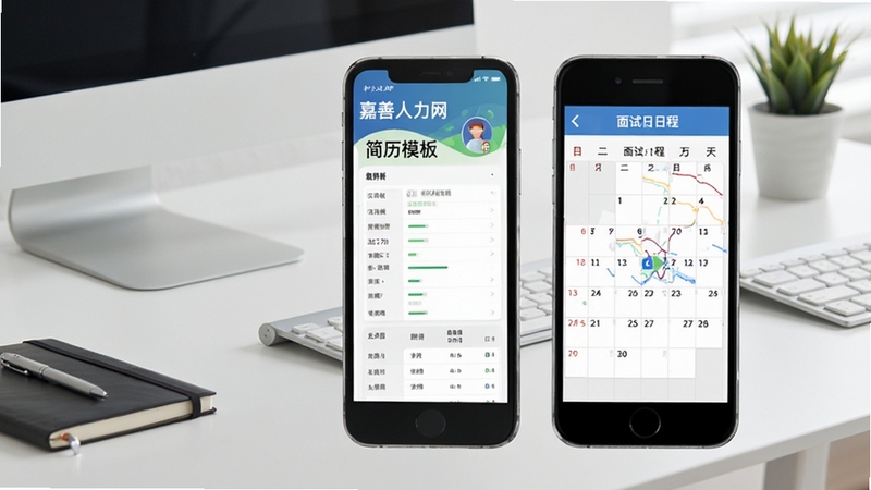 嘉善人力网APP求职工具功能预览,展示手机界面内的简历模板选择与面试日程日历视图,背景为简约办公桌面,画面清晰,突出效率与条理性