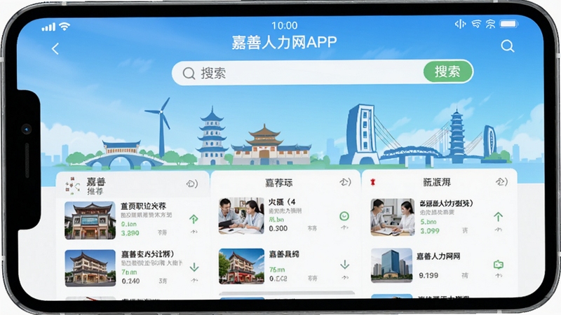 嘉善人力网APP主界面预览图,展示首页职位推荐列表与搜索框,背景为嘉善县城市地标建筑轮廓,整体风格清新明亮,突出本地化招聘服务特色