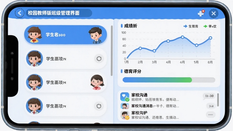 校园教师版班级管理界面预览,屏幕左侧显示学生名单与头像,右侧展示成绩折线图与德育评分条,下方有家校沟通消息列表,整体界面简洁清晰,蓝白配色,卡通风格,模拟手机游戏画面