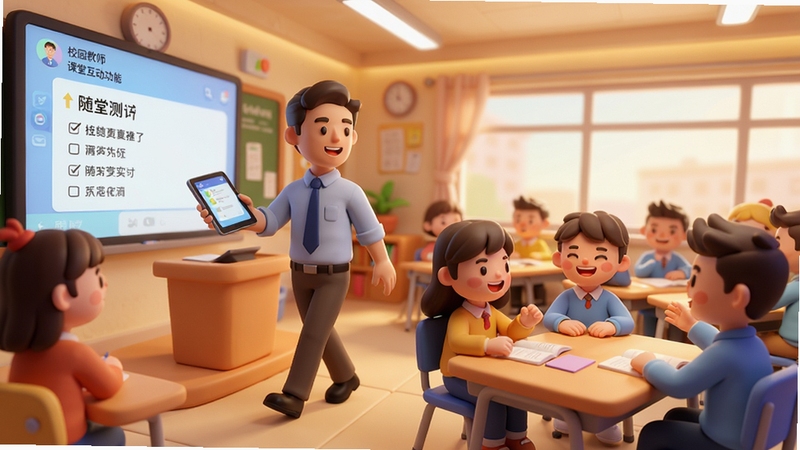 校园教师版课堂互动功能预览,教师手持平板在讲台前走动,学生分组热烈讨论,电子屏幕上显示随堂测验题目,教室布局充满科技感,暖色灯光,卡通渲染风格,画面生动活泼