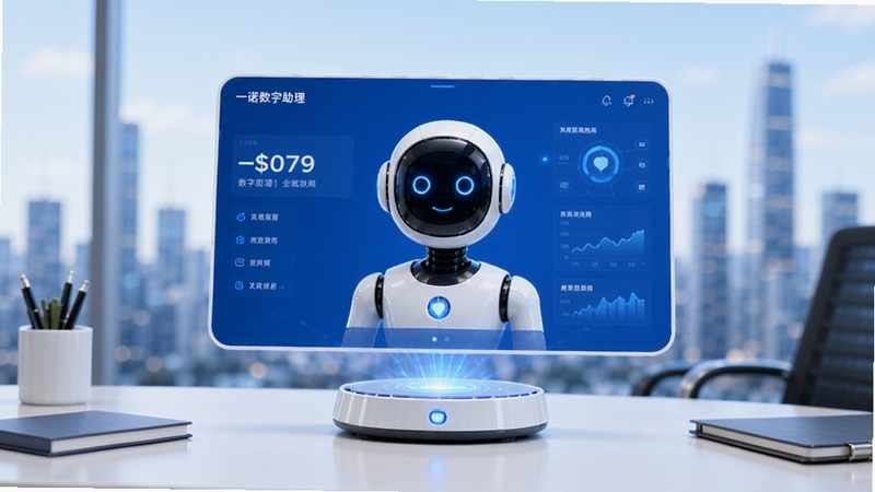 一诺数字助理全貌预览图,画面主体为一款现代感十足的智能助手界面,悬浮于整洁的办公桌上方,背景是模糊的城市天际线,整体色调以蓝白为主,科技感与商务感并重,画面明亮清晰,细节丰富,适合作为软件介绍首图。