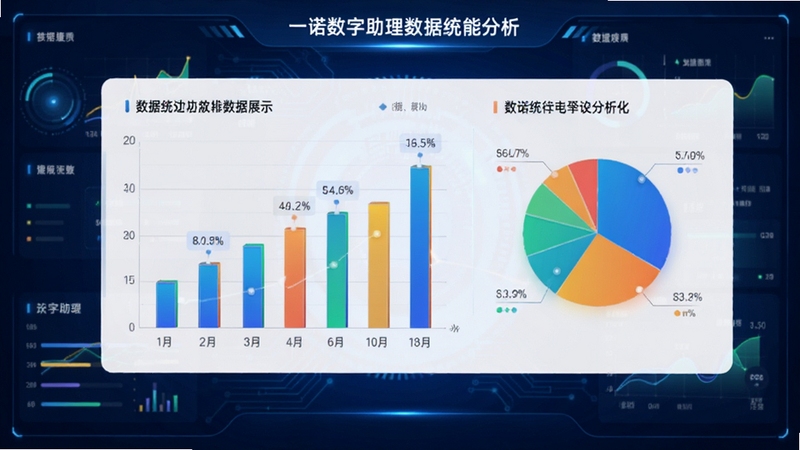 一诺数字助理数据统计分析功能展示,画面中央为彩色图表,包括柱状图与饼图,背景为深蓝色科技感界面,数据点清晰可辨,整体风格明亮、专业,突出数据分析的直观性。
