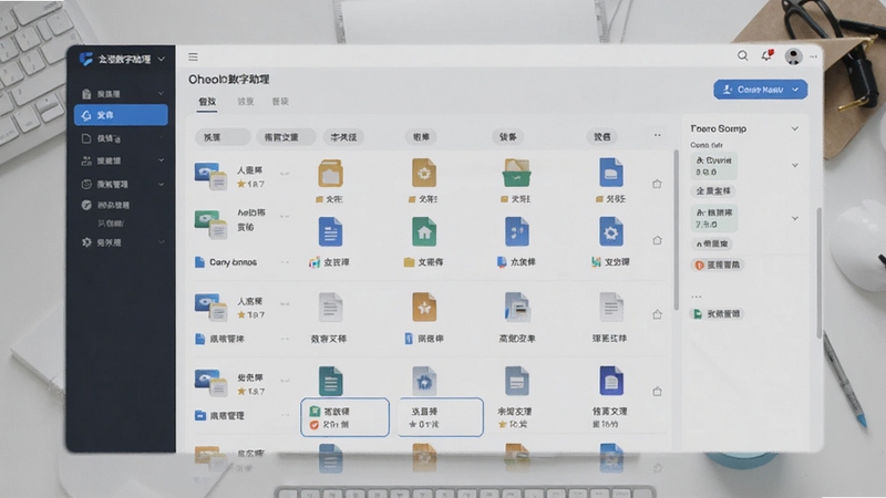 一诺数字助理智能文档管理界面截图,展示文件列表与分类标签,背景为浅灰色工作台,界面简洁清晰,文档图标排列有序,突出高效管理的视觉效果,整体风格专业且现代。