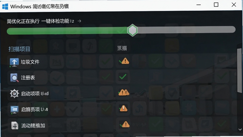 Windows 简易优化正在执行一键体检功能,界面显示扫描进度条与检测项目列表,包含垃圾文件、注册表、启动项等分类,每个项目旁有绿色对勾或橙色警告图标,整体UI设计现代且信息清晰