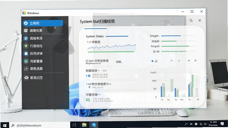 Windows 简易优化主界面预览图,展示软件在电脑屏幕上的运行效果,左侧功能列表清晰可见,右侧为系统状态扫描结果,背景为整洁的现代桌面环境,整体风格清爽明亮,突出软件的易用性与专业性