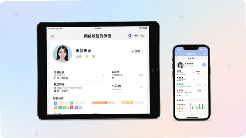 美特美会员管理系统 网络版会员档案管理功能演示图,画面为平板电脑与手机并排展示会员详情页,包含头像、消费记录、积分明细及标签分类,背景为柔和渐变色,突出数据清晰易读,整体风格简洁清爽