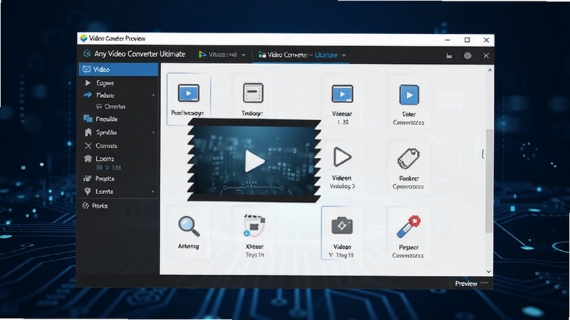 Any Video Converter Ultimate 主界面预览图,展示其整洁的功能布局和视频转换操作面板,背景为深蓝色科技感界面,软件界面居中显示,图标清晰,整体风格专业现代