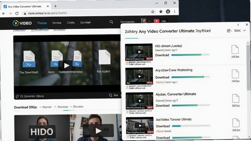 Any Video Converter Ultimate 在线视频下载功能演示,画面显示一个浏览器窗口和一个下载列表,正在从视频网站下载高清视频,背景有下载进度和文件图标,风格清晰直观
