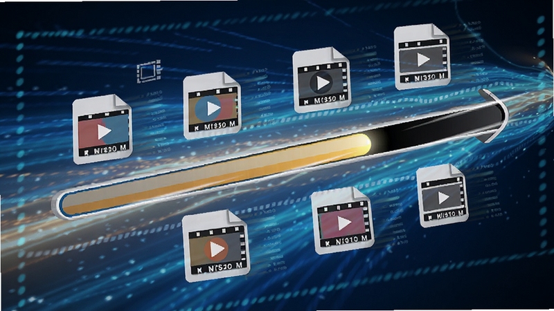 Any Video Converter Ultimate 高速转换功能示意图,画面显示一个进度条快速前进,周围有多个视频文件图标正在被处理,背景为流动的光效,体现速度优势