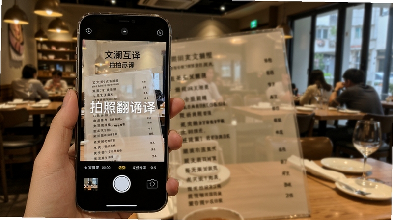 文澜互译拍照翻译功能示意图,手机摄像头对准外文菜单,屏幕实时显示中文翻译叠加在原文上,背景为餐厅环境,体现即拍即译的便捷性