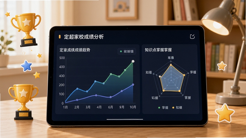 定超家校成绩分析功能界面图,画面主体是平板电脑展示成绩趋势折线图与知识点掌握雷达图,周围点缀着代表成长档案的奖杯和星星图标,背景是温馨的书房一角,色调柔和,突出数据可视化与成长记录的主题