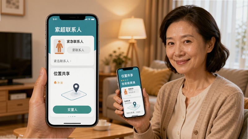定超家校家长端安全功能展示图,画面呈现手机界面显示“紧急联系人”和“位置共享”功能,背景是温馨的家庭客厅,家长拿着手机露出安心微笑,色调温暖,强调平台的安全守护特性