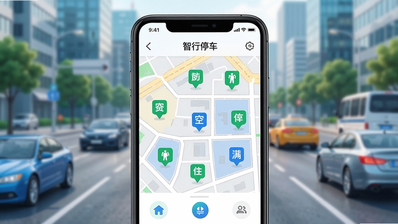 智行停车app主界面展示,手机屏幕显示附近停车场分布地图,绿色标记空余车位,蓝色标记已满车位,背景为城市街道与车辆,整体风格现代简洁,色彩明亮清晰,突出智慧停车核心功能