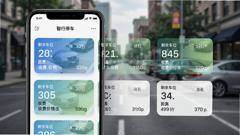 智行停车实时车位查询功能预览图,手机屏幕显示停车场列表,每个车位信息卡片包含剩余车位数字、收费价格、距离公里数,背景为街道实景,界面清晰易读