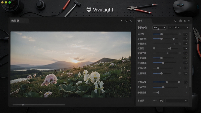 VivaLight界面总览,左侧为图片预览区,右侧为参数调节面板,背景为深色专业工作台,整体风格简洁现代,突出软件名称VivaLight字样,画面清晰,光线柔和
