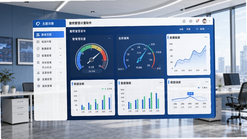 磐然智慧计量软件主界面展示图,画面中央为仪表盘式数据看板,背景为现代办公场景,左侧功能菜单清晰可见,整体色调以蓝色和白色为主,风格简洁专业
