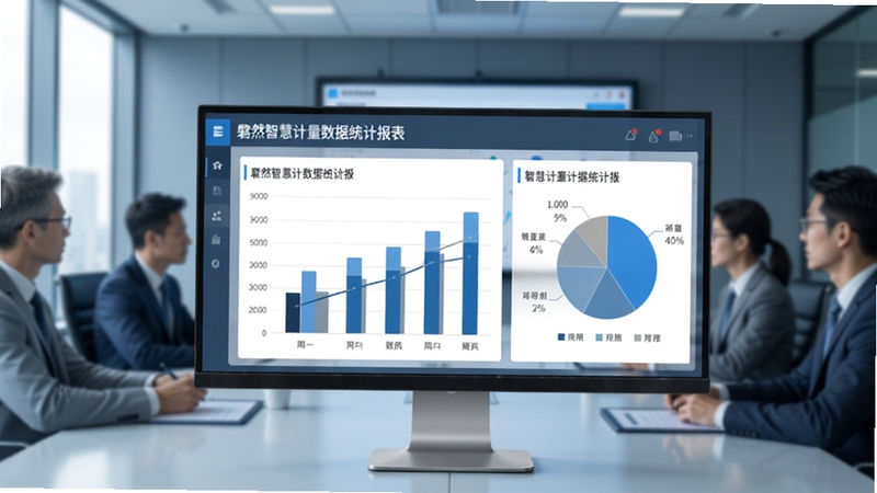 磐然智慧计量数据统计报表界面,展示柱状图与饼图,背景为办公室会议场景,色调以蓝灰为主,体现专业数据分析氛围