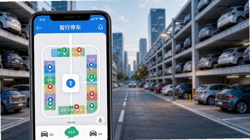 智行停车应用主界面展示,背景为城市街道停车场,前景是手机屏幕显示车位地图与空闲车位标记,界面清晰,色彩明亮,突出智慧停车核心功能