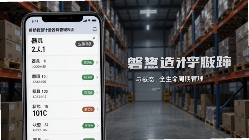 磐然智慧计量器具管理界面截图风格预览图,画面展示手机端器具列表与状态标签,背景为仓储货架,突出全生命周期管理概念。