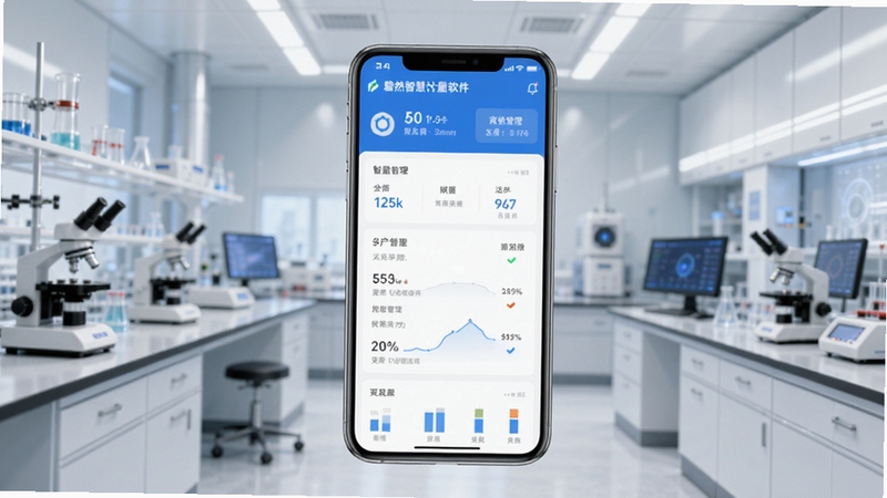 磐然智慧计量软件主界面展示图,画面中央为智能手机展示软件首页,背景为现代实验室环境,画面清晰明亮,突出软件的智能化管理功能。