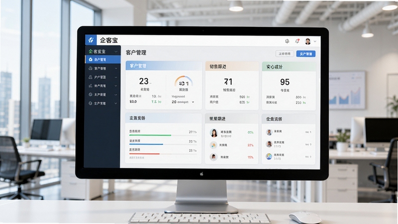 企客宝客户管理系统主界面预览图,展示其客户管理、销售跟进等核心功能模块,背景为现代商务办公场景,界面清晰直观,色彩搭配专业,采用明亮色调,电脑屏幕展示系统全貌,整体风格简洁大气