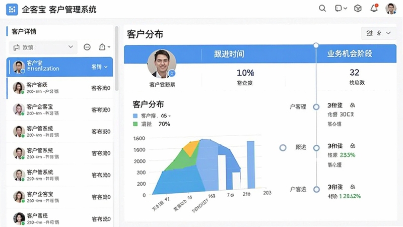 企客宝客户管理系统客户详情页面截图,左侧为清晰的客户列表,右侧展示详细的客户画像、跟进时间线及业务机会阶段,界面采用蓝白配色,数据可视化图表展示客户分布,整体风格专业且易于操作