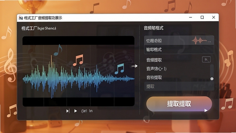 格式工厂音频提取功能展示,界面显示视频文件与音频输出格式选项,背景为暖色调,突出音乐元素,画面中可见音乐波形图与提取按钮,强调其铃声制作与音频提取的便捷性