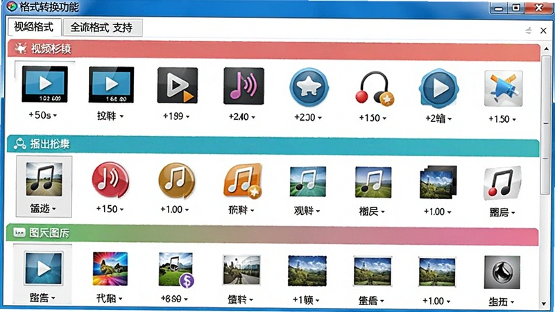 格式工厂格式转换功能界面截图,展示丰富的输出格式选项列表,包括视频格式、音频格式和图片格式,每个分类下均有多个常见格式图标,界面布局清晰,色彩鲜明,突出其全格式支持的特点
