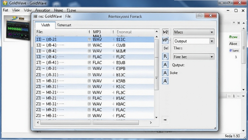 GoldWave批量转换设置窗口,显示文件列表和输出格式选择,有MP3、WAV、FLAC等选项,界面整洁,列表中有多个音频文件,背景为软件主界面,风格实用