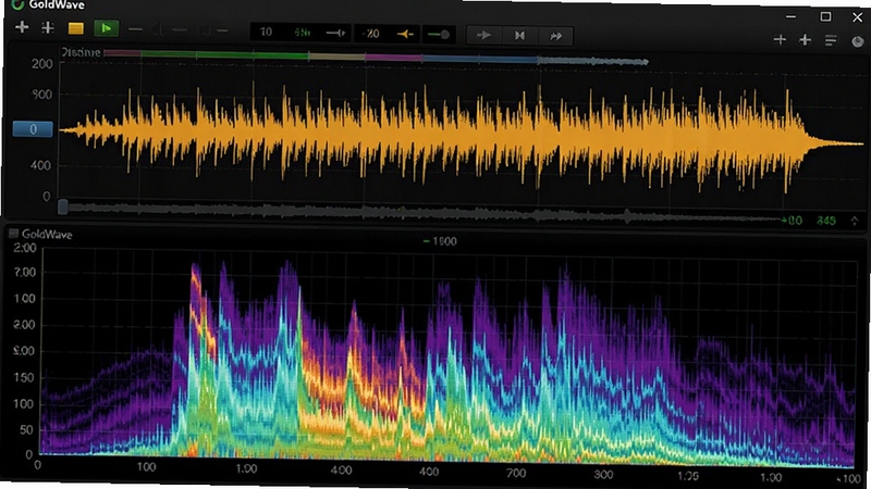 GoldWave录音界面与频谱分析图,上方显示录音波形,下方显示彩色频谱图,有频率刻度,界面专业,色彩鲜明,背景为深色,突出分析功能