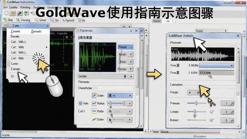 GoldWave使用指南示意图,展示软件操作步骤,包含鼠标点击菜单、选择效果器、调整参数等动作,背景为软件界面,风格教学化