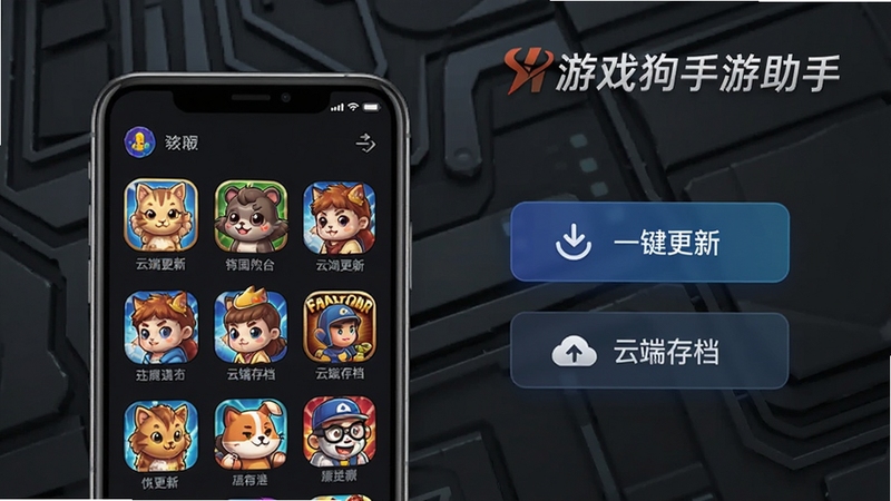 游戏狗手游助手界面展示游戏库管理功能,画面中手机屏幕显示多款游戏图标整齐排列,旁边有“一键更新”“云端存档”按钮,背景为深灰色科技纹理,突出“游戏狗手游助手”品牌标识,整体风格简洁专业