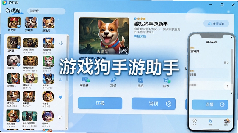 一张展示游戏狗手游助手主界面的高清截图,界面整洁明亮,左侧显示游戏库列表,右侧展示游戏详情与工具按钮,背景为浅蓝色渐变,画面中央突出“游戏狗手游助手”字样,整体风格现代科技感,适配电脑桌面与手机屏幕比例