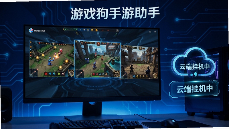 游戏狗手游助手多开挂机功能演示图,画面中一台电脑显示器上同时运行三个游戏窗口,每个窗口显示不同游戏画面,旁边有“云端挂机中”状态标识,背景为深蓝色科技光效,突出“游戏狗手游助手”多开与挂机能力,整体风格炫酷现代