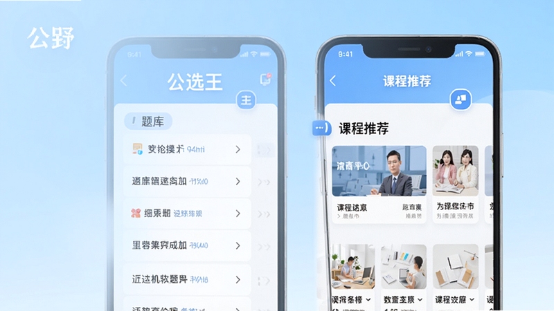 公选王遴选主界面展示,手机屏幕显示题库列表和课程推荐,背景为淡蓝色渐变,整体风格简洁清新,突出软件名称与核心功能,适配Boogu模型生成