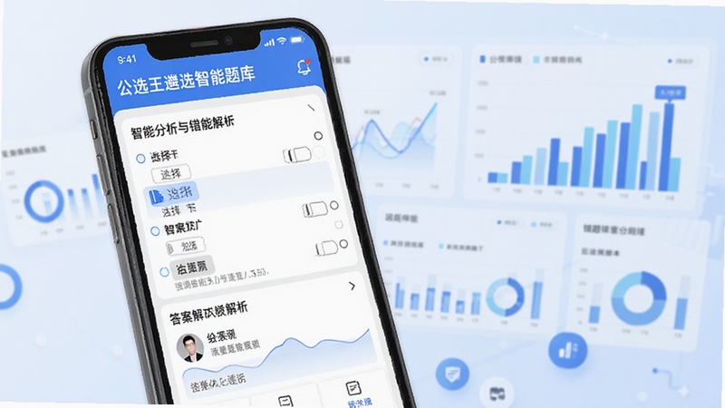 公选王遴选智能题库界面,手机上展示选择题和答案解析,背景有数据图表元素,强调智能分析与错题本功能,整体色调以蓝色和白色为主,画面清晰明亮